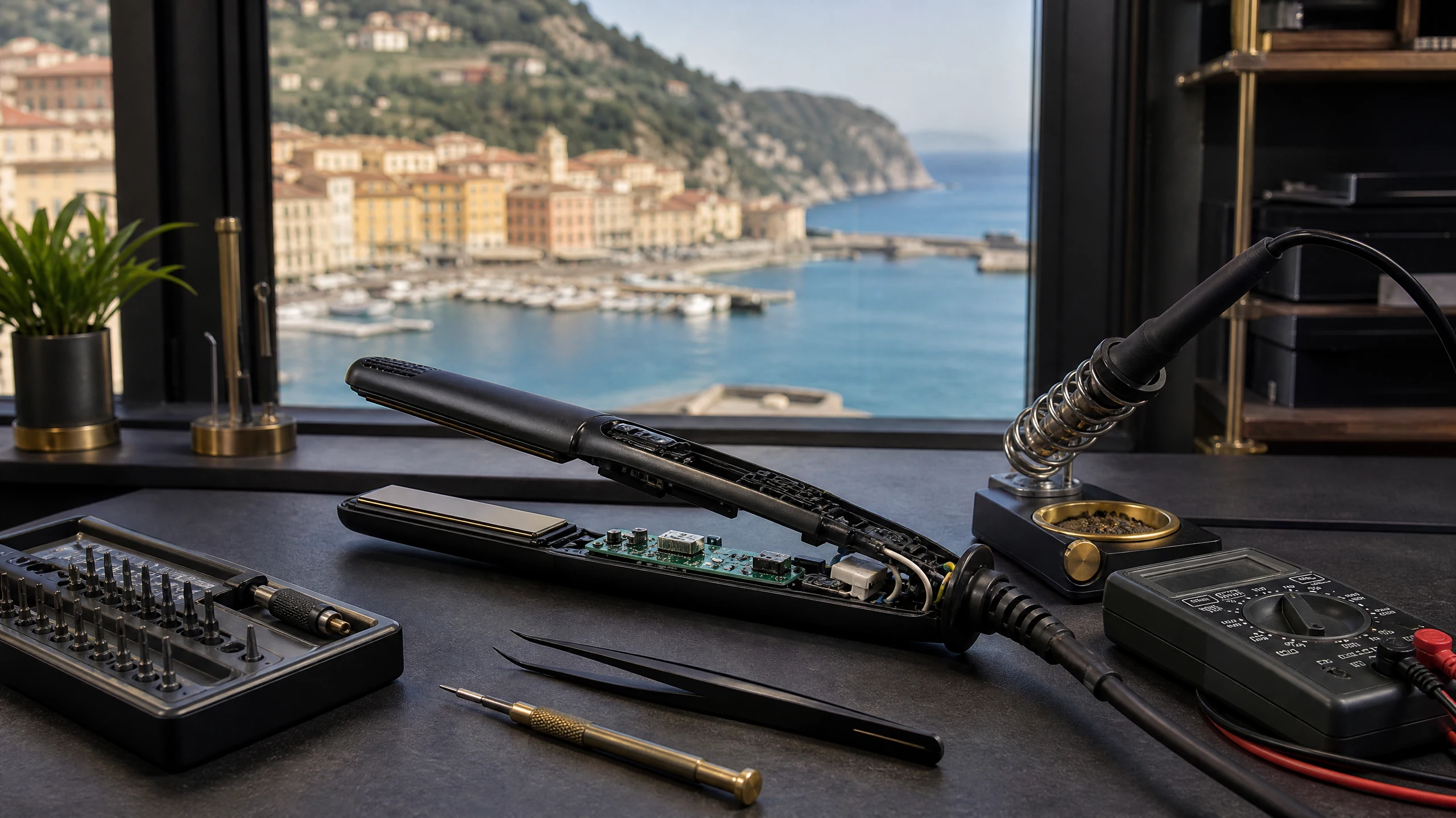Riparazione GHD Imperia – piastra per capelli professionale aperta in diagnosi su banco da lavoro con strumenti elettronici