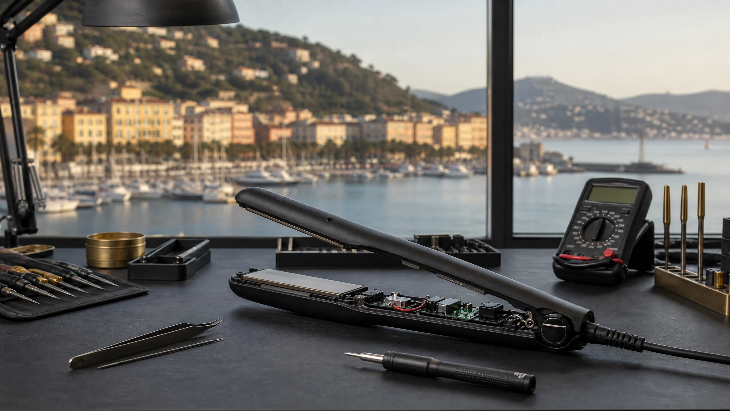 Riparazione GHD La Spezia – piastra per capelli professionale aperta in diagnosi su banco da lavoro con strumenti elettronici