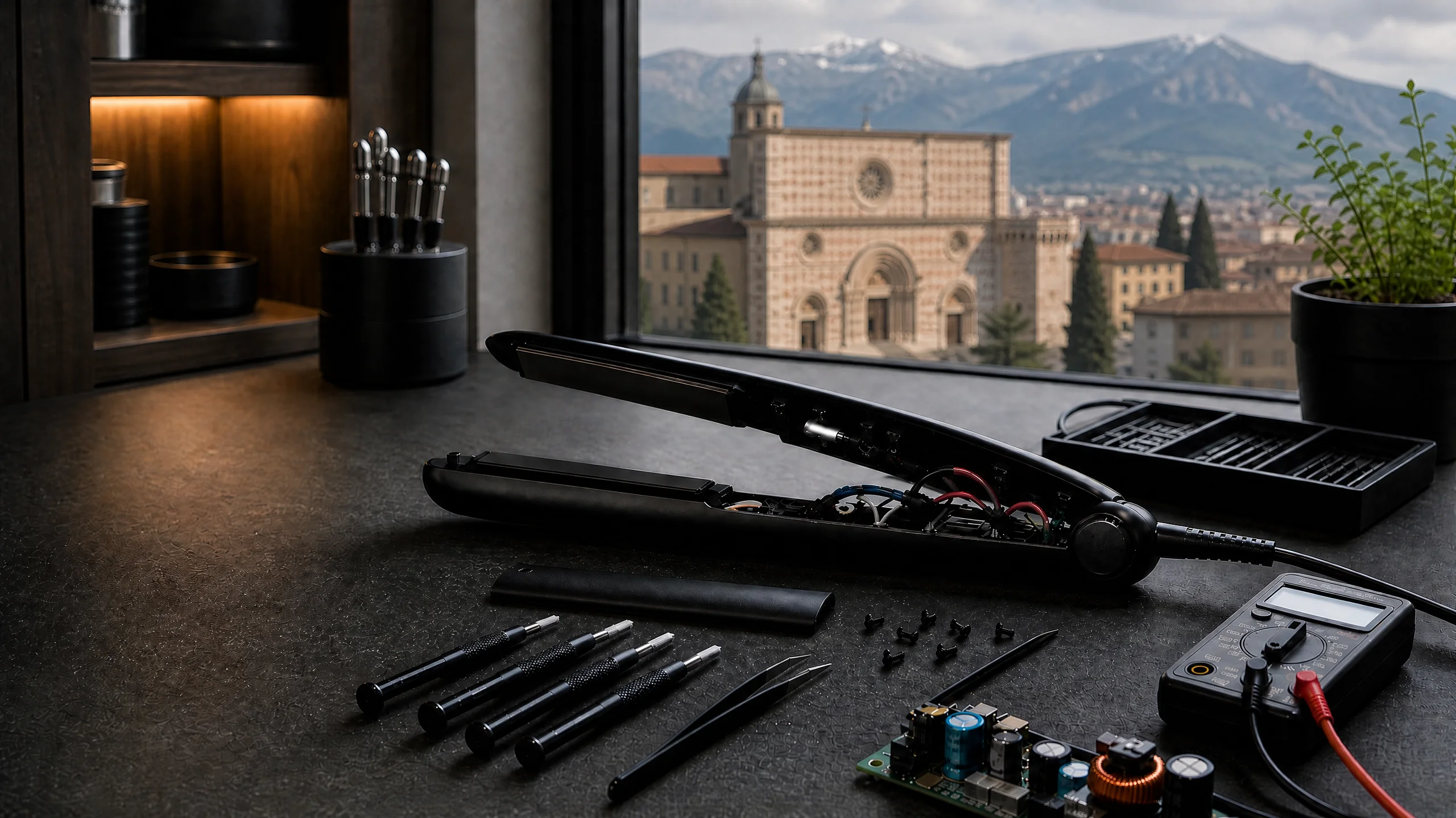 Riparazione GHD L’Aquila – piastra per capelli professionale in diagnosi su banco da lavoro con strumenti elettronici