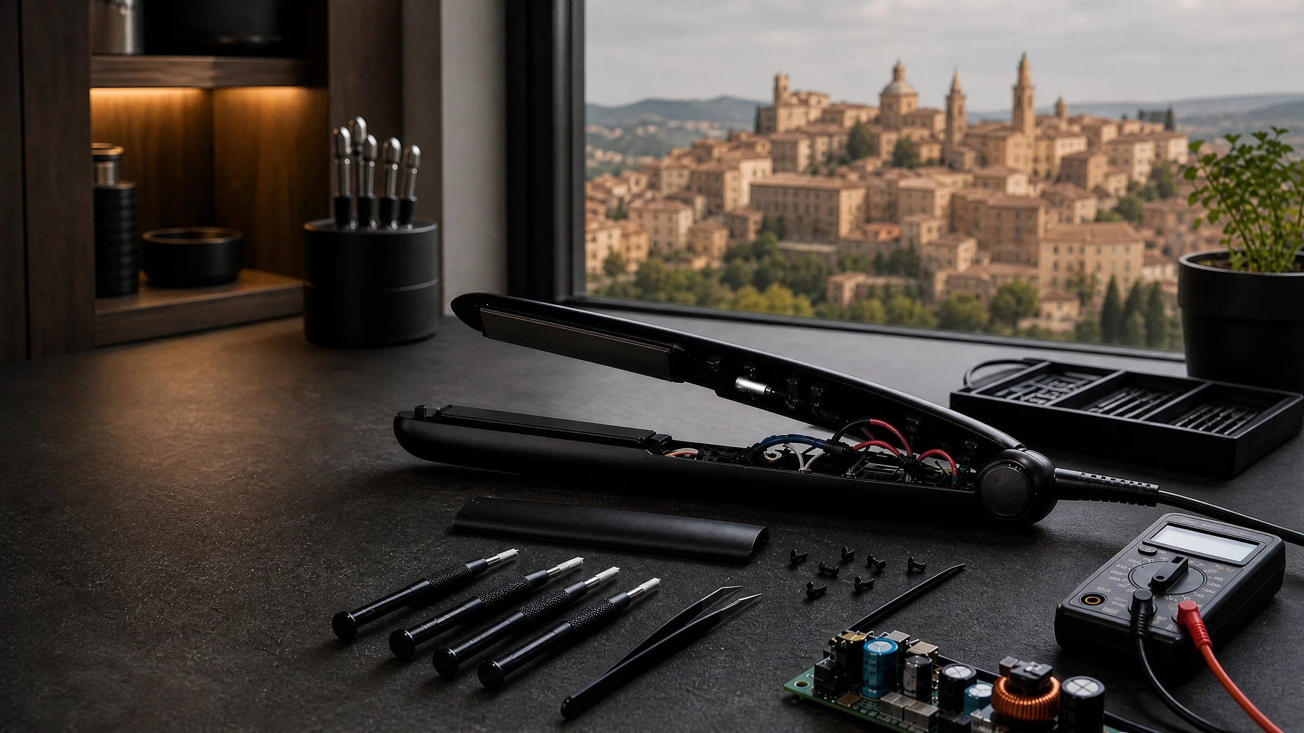 Riparazione GHD Macerata – piastra per capelli professionale in diagnosi su banco da lavoro con strumenti elettronici