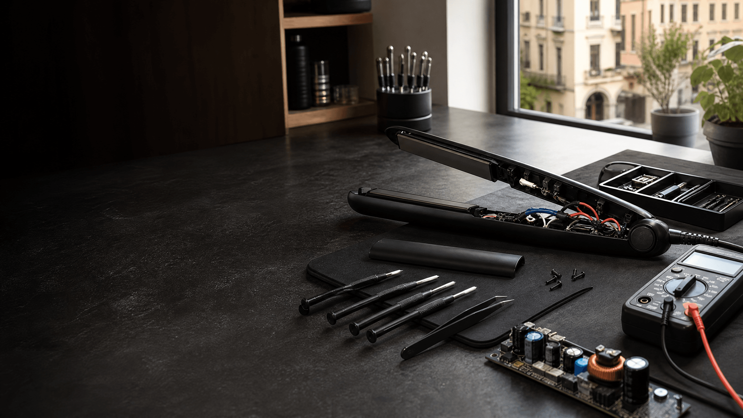 Riparazione GHD Padova – piastra per capelli professionale in diagnosi su banco da lavoro con strumenti elettronici