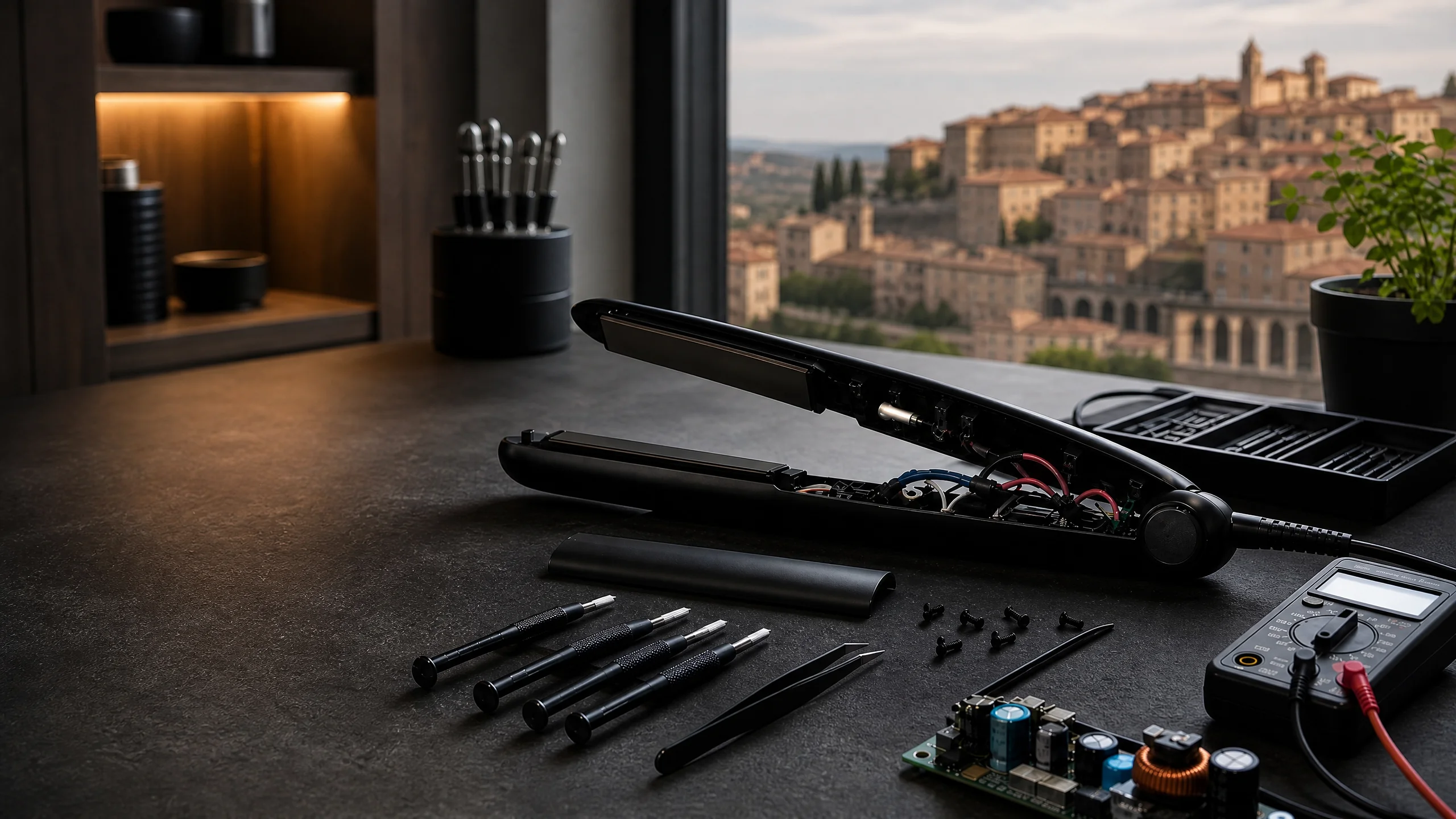 Riparazione GHD Perugia – piastra per capelli professionale in diagnosi su banco da lavoro con strumenti elettronici