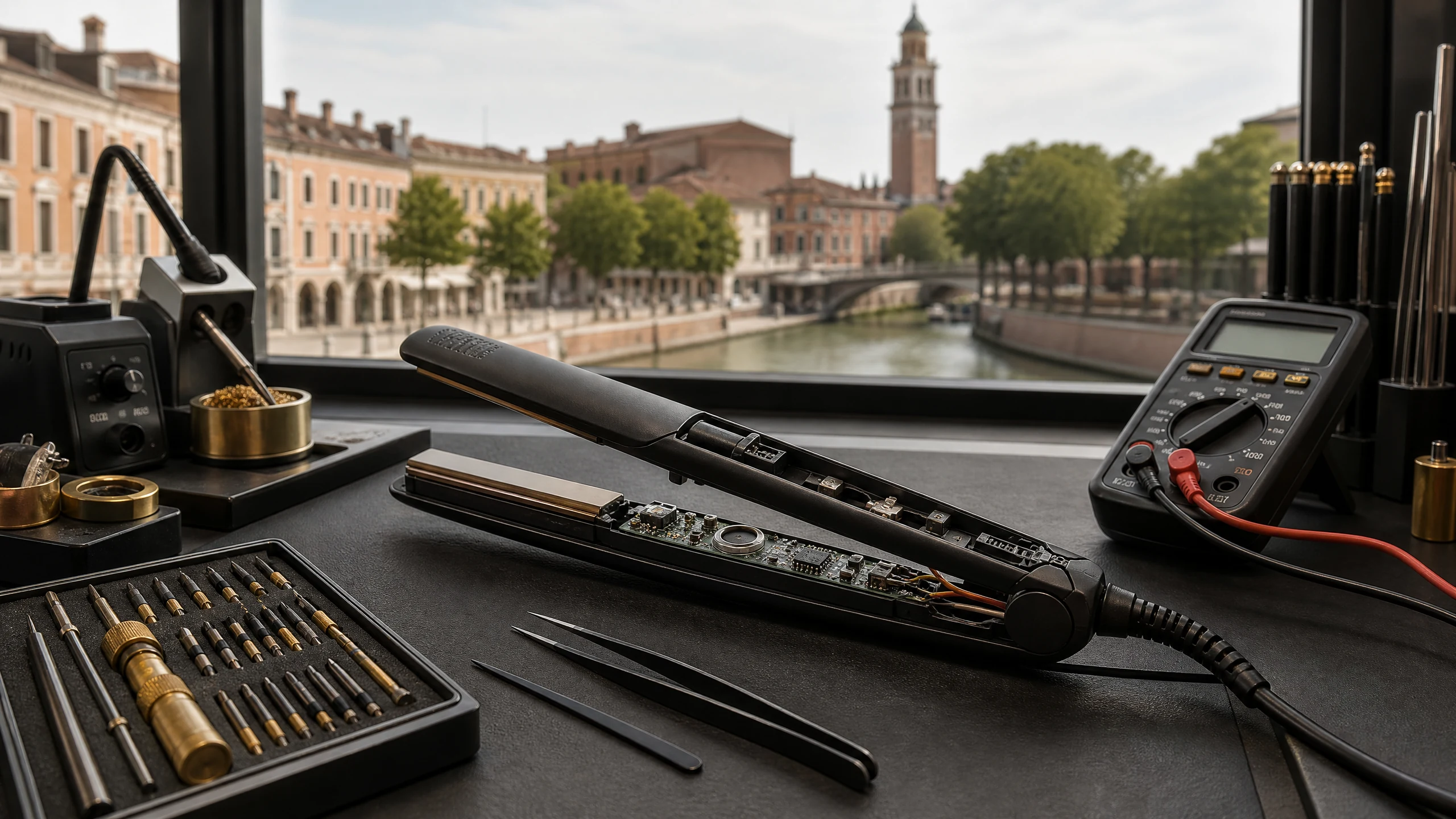 Riparazione GHD Rovigo – piastra per capelli professionale aperta in diagnosi su banco da lavoro con strumenti elettronici