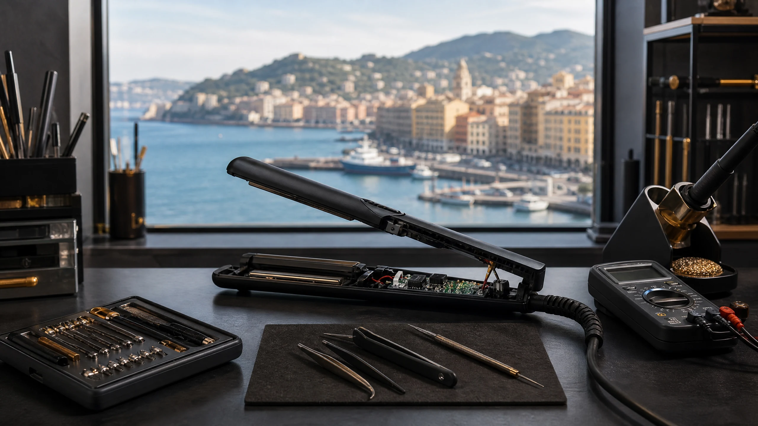 Riparazione GHD Savona – piastra per capelli professionale aperta in diagnosi su banco da lavoro con strumenti elettronici