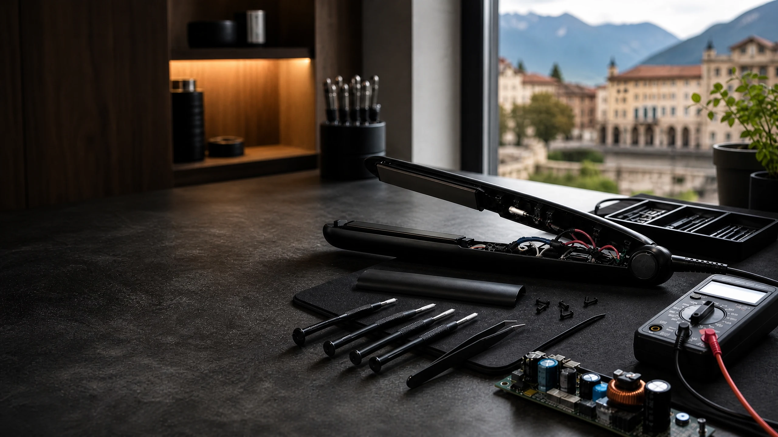 Riparazione GHD Trento – piastra per capelli professionale in diagnosi su banco da lavoro con strumenti elettronici