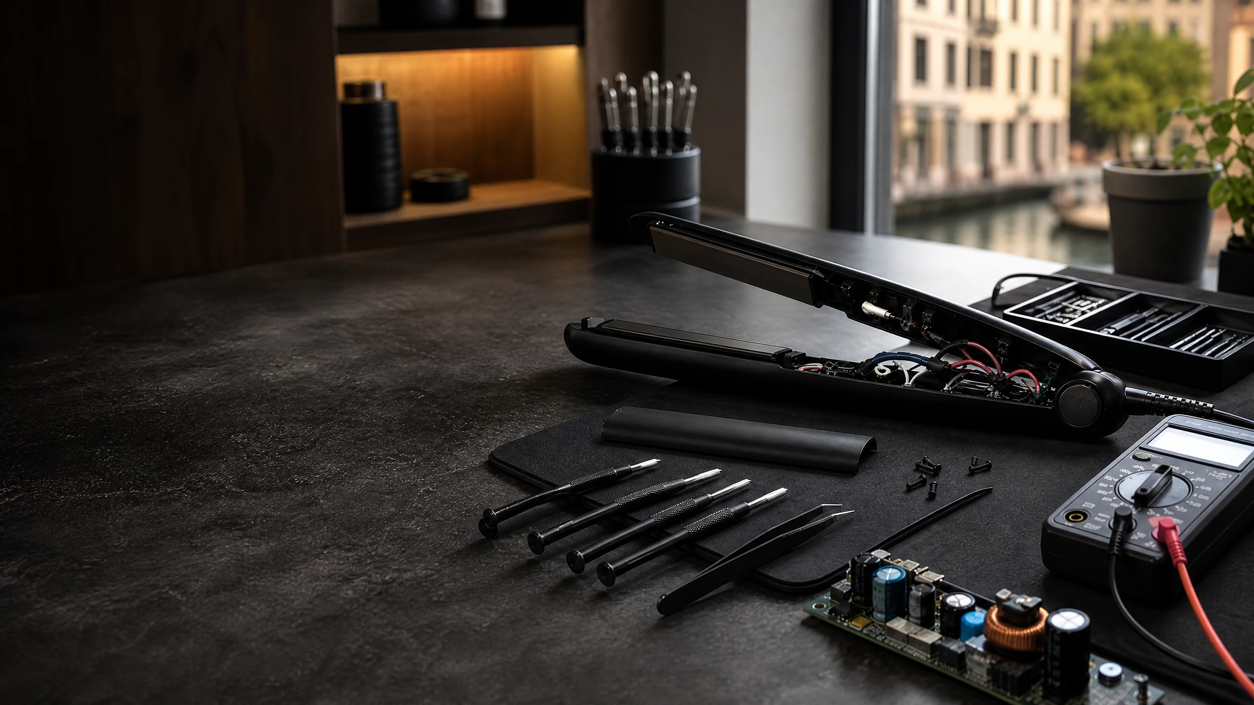 Riparazione GHD Treviso – piastra per capelli professionale in diagnosi su banco da lavoro con strumenti elettronici