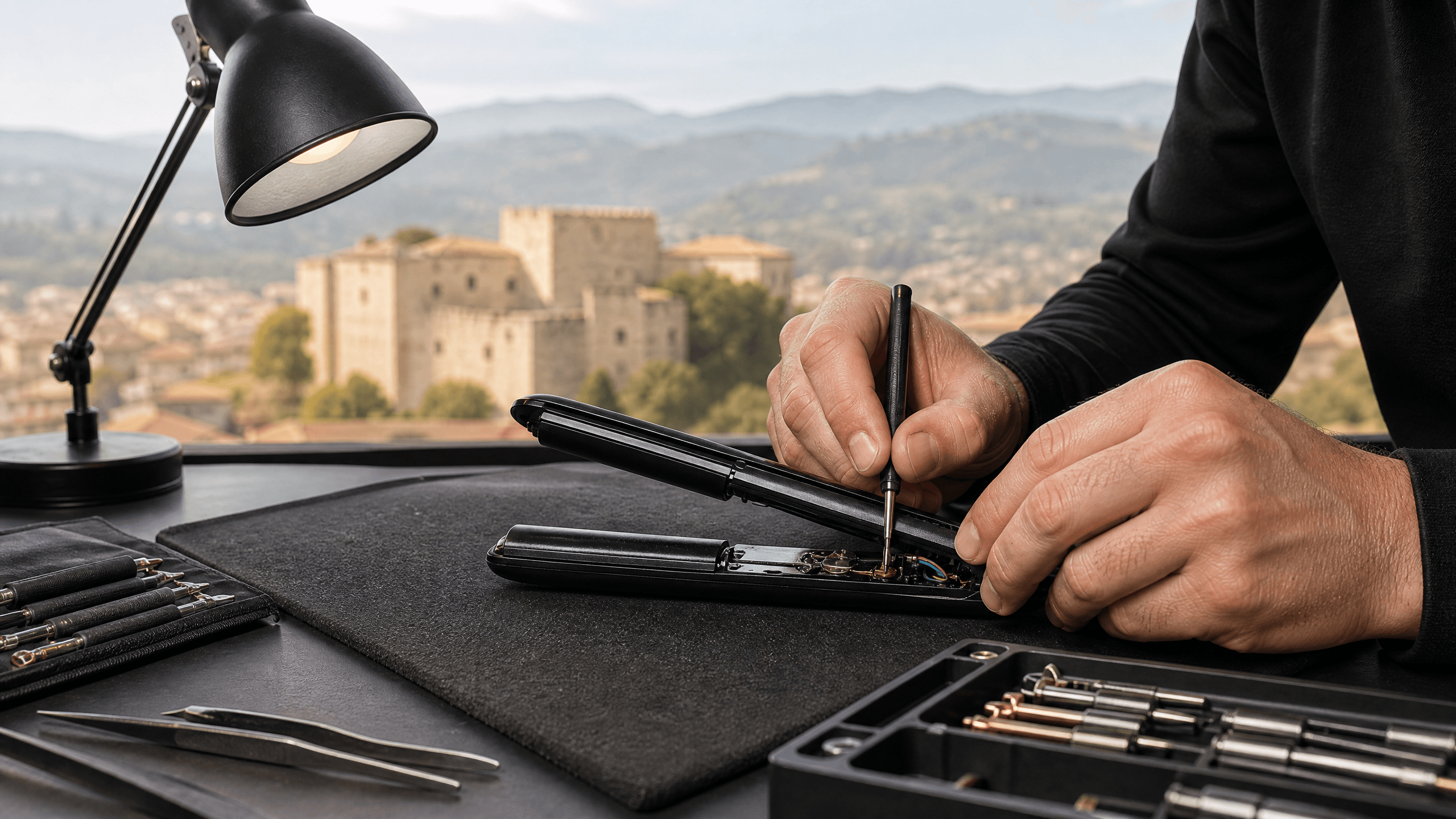 Tecnico ripara una piastra GHD su un banco da lavoro con il Castello della Monica di Teramo sullo sfondo